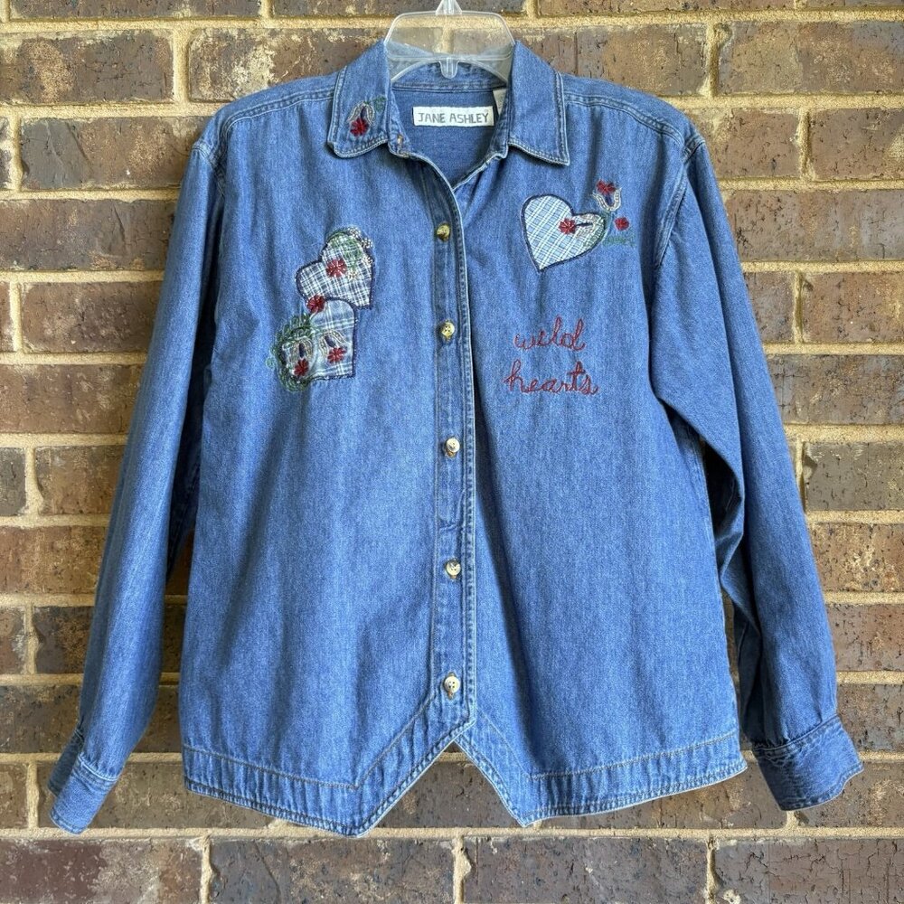 VTG Embroidered Denim Long Sleeve Shirt Flowers And Hearts Jane Ashley Size L